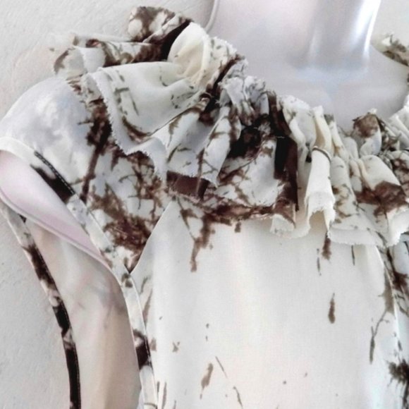 NWT Sleeveless ruffle top 8 Brown Off white Print Blouson Romantic Flowy Peplum - Picture 2 of 6